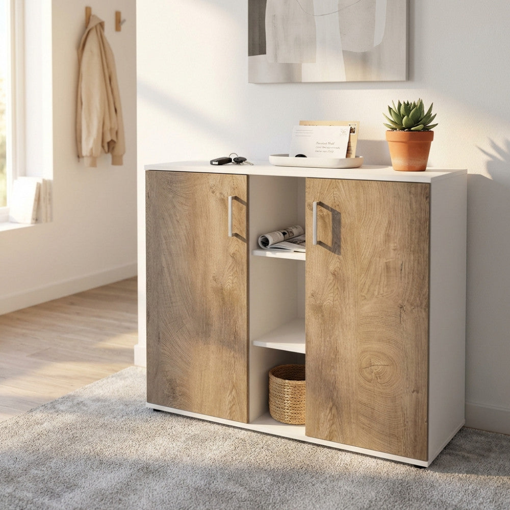 MOBILETTO 2 ANTA E 3 MENSOLE FRANK BIANCO E ROVERE CHIARO. Dimensioni: cm 101,5 x 35 x 87 h.