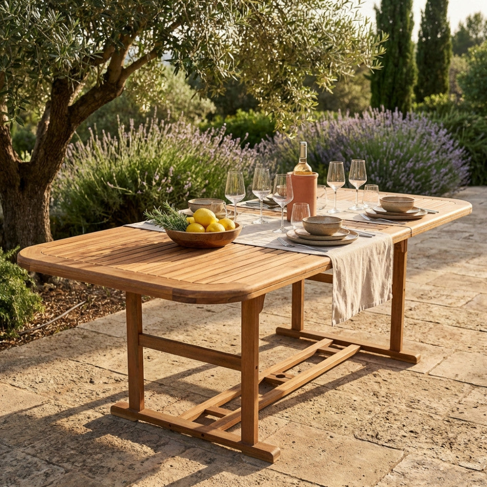 TAVOLO COUNTY RETTANGOLARE 180/240X100 DOUBLE. Legno di Acacia massiccio spessore 44 mm doppio bordo Dimensioni: cm 180/240 x 100 x 74 h. Arredo Giardino