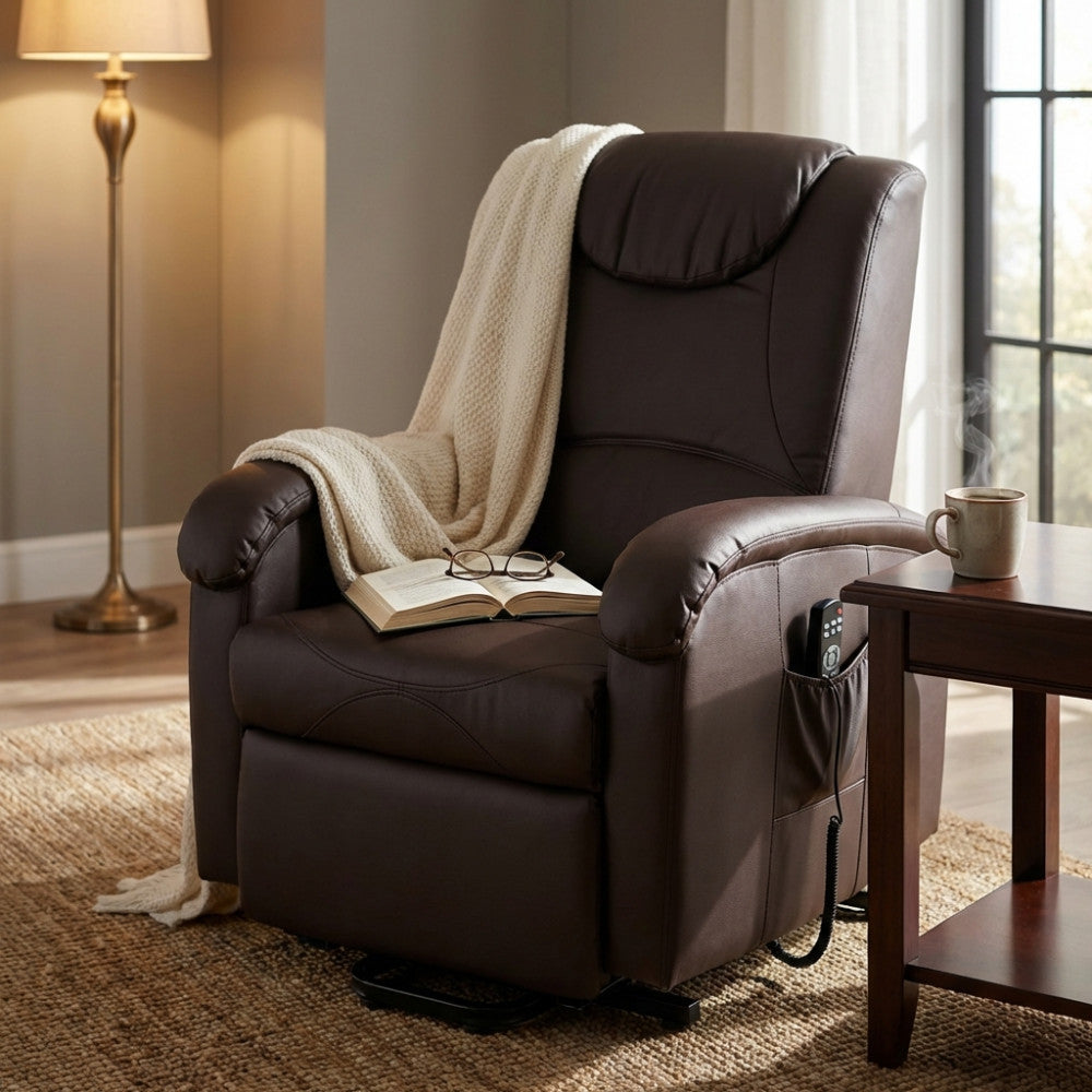 CEDRERA ELECTRIC RECLINING RELAX CHAIR. Armchair in BEIGE or BROWN eco-leather. Features a reclining relaxation opening and electric raising and lowering. Dimensions: 72 x 95/182 x 106/145 h cm.