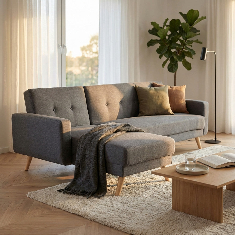 DIVANO LETTO ARTHUR. Divano Letto GRIGIO SCURO MELANGE struttura in metallo e legno Dimensioni: D.176x84x84/DL.176x105x45/S.74x157x84/SL.74x178x45.