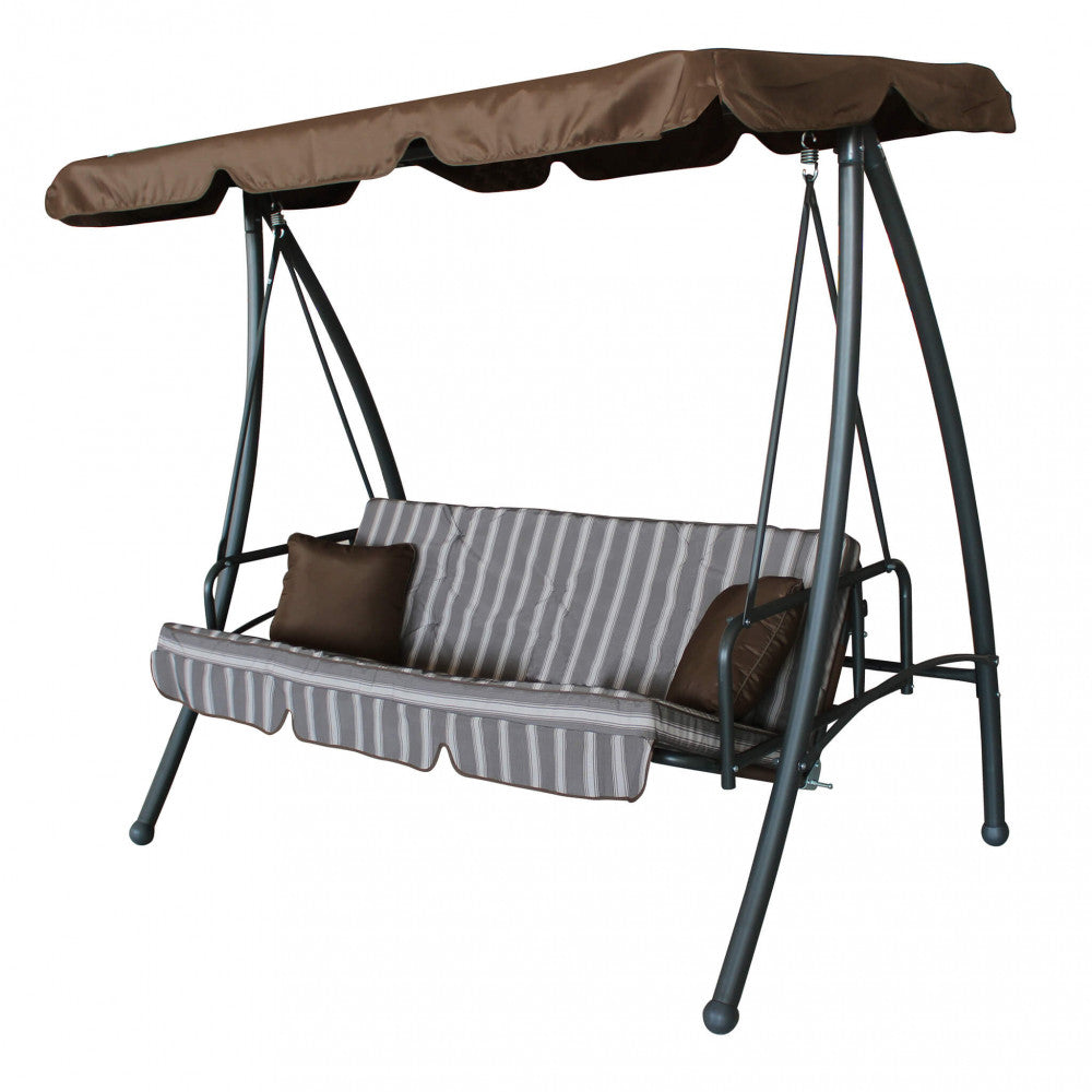 DONDOLO ANTIGUA C/CUSCINI. Telo polietere 220 gr , cuscino BEIGE poliestere struttura in metallo ANTRACITE tubi ò 28/37x63mm portata massima 260 kg Dimensioni: cm 208 x 116 x 168 h. Arredo Giardino