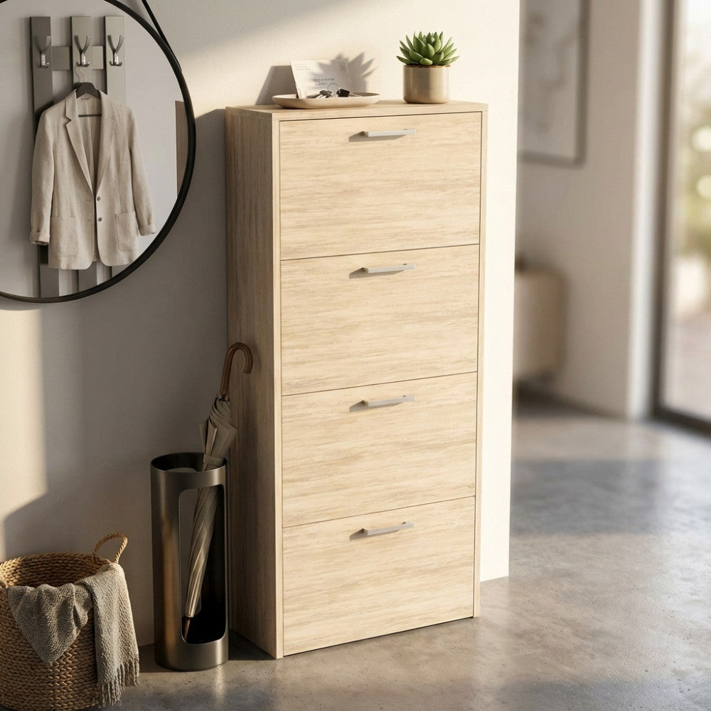 MOLLY SHOE RACK WITH 4 FLAP DOORS IN LIGHT PINE. Shoe rack in LIGHT PINE wood, 16 mm thick. Dimensions: 59 x 25 x 140 cm.