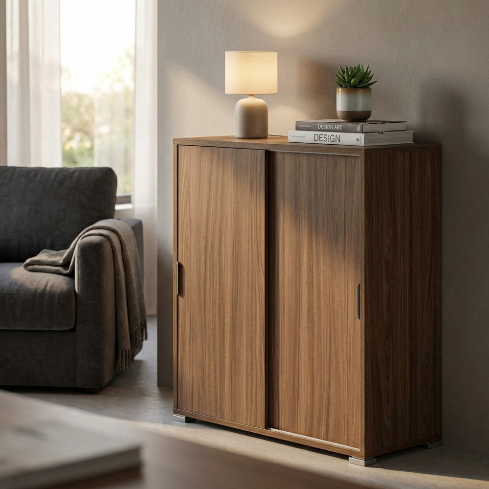 TANGO CABINET WITH 2 SLIDING DOORS IN WALNUT COLOR. Dimensions: 75 x 38 x 85 cm h.