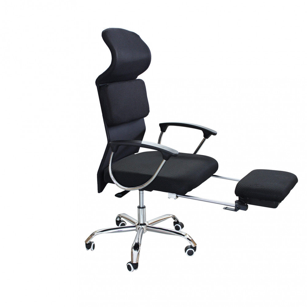 HALEY OFFICE CHAIR. Upholstered mesh office chair, chromed plastic armrests, and chromed base with casters. Dimensions: 59 x 63 x 118/128 cm h.