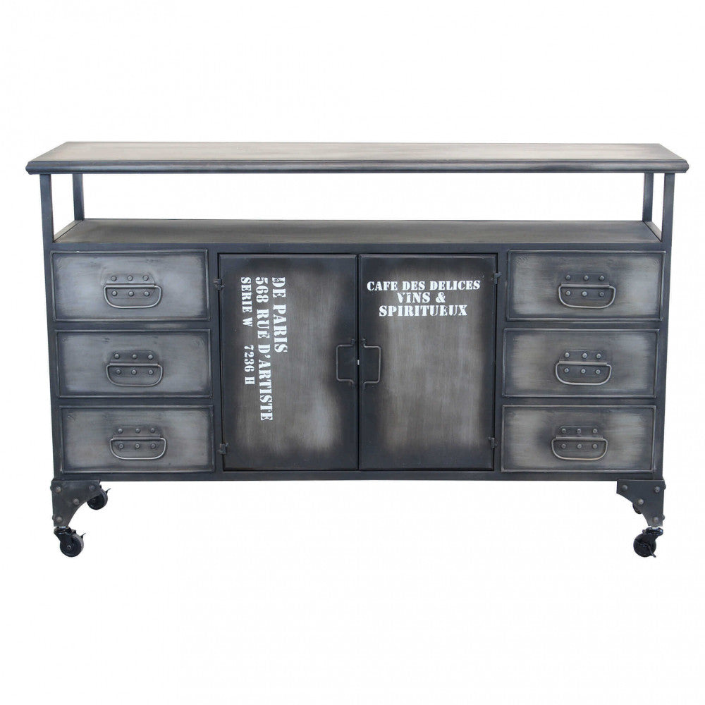 MOBILE IN FERRO EMERIC. Mobile con i ripiano, 6 cassetti e 2 ante Dimensioni: cm 132,5 x 37,5 x 82 h.