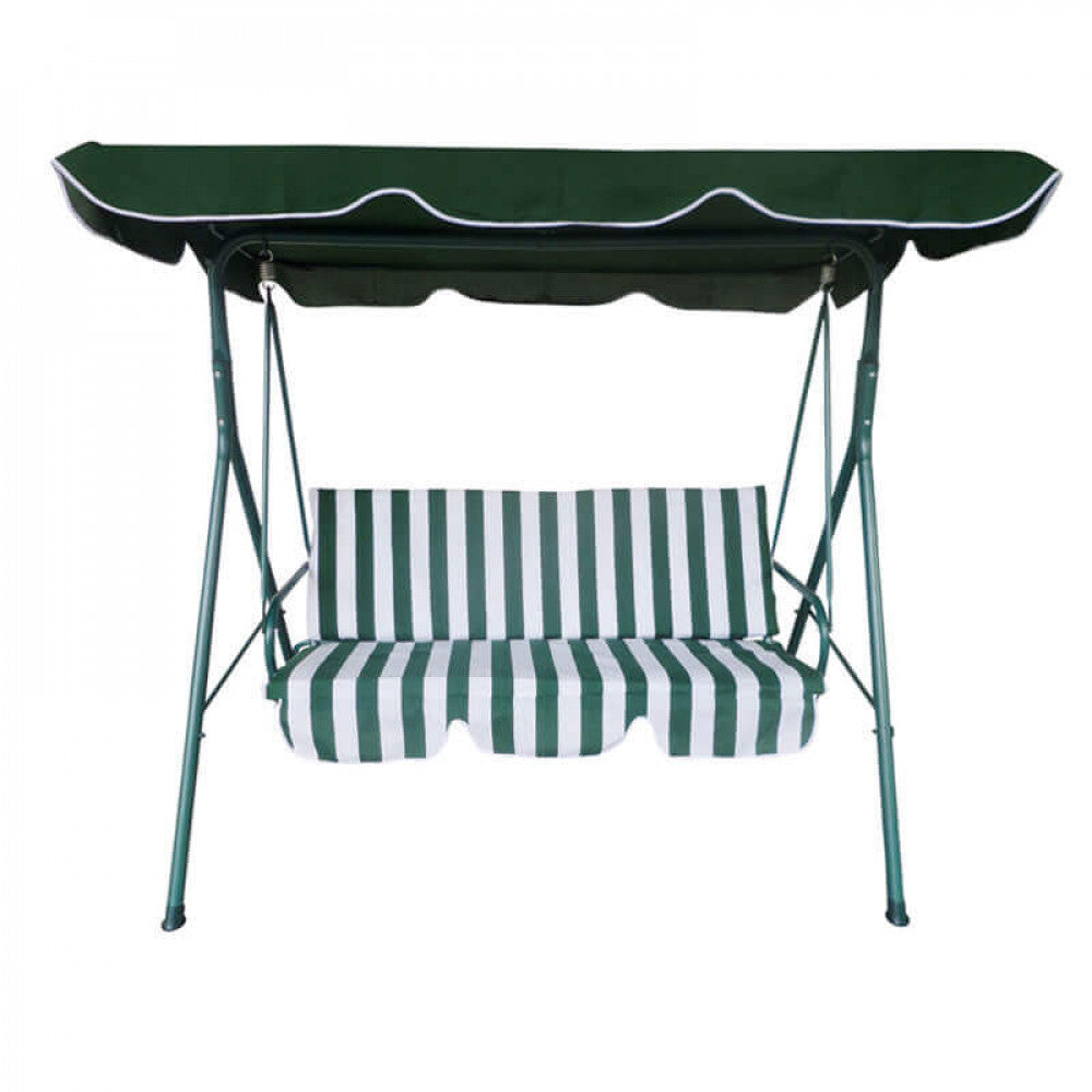 GREEN SWING WITH CUSHIONS. 160 g GREEN polyester fabric, GREEN STRIPED cushion. Green metal frame, tubes Ø 45/32/25/19/16 mm. Dimensions: 170 x 110 x 153 cm. Garden Furniture