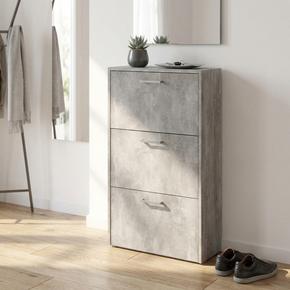 MOLLY SHOE RACK WITH 3 FLAP-DOORS, GREY CONCRETE EFFECT. 16 mm thick GREY CONCRETE EFFECT wooden shoe rack. Dimensions: 59 x 25 x 105 cm h.