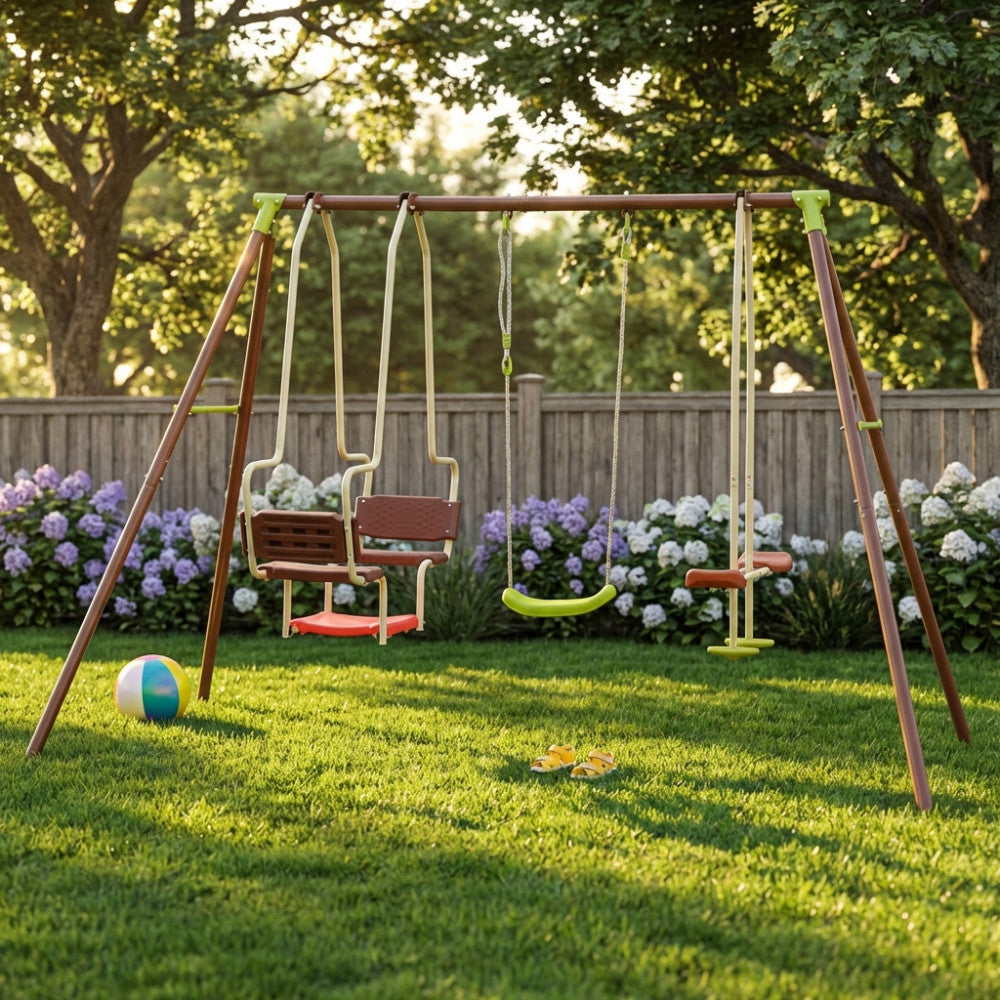 MINNIE SWING 5 P. Metal swing - 5 seats, 50/25 mm tubes. Dimensions: 2.69 m x 1.53 m x 1.95 m h. Garden furniture