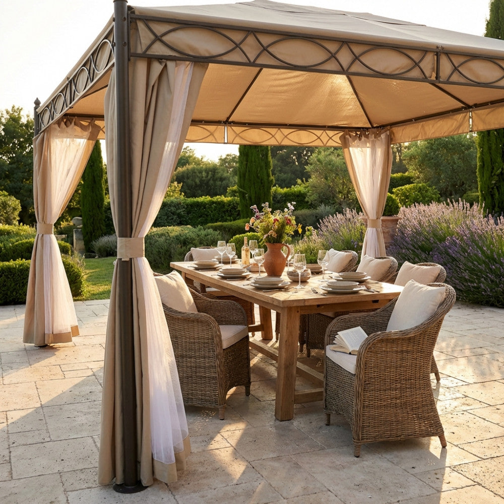 GAZEBO KARNAK 3 X 4. Canvas and sides in BEIGE polyester 200-160 gr + mosquito net, structure in BLACK painted steel, legs tube 0 mm 70 x 1.2 - cover mm 15x15/18x18 Dimensions: m 3 x 4 x 2.60 h. Garden furniture