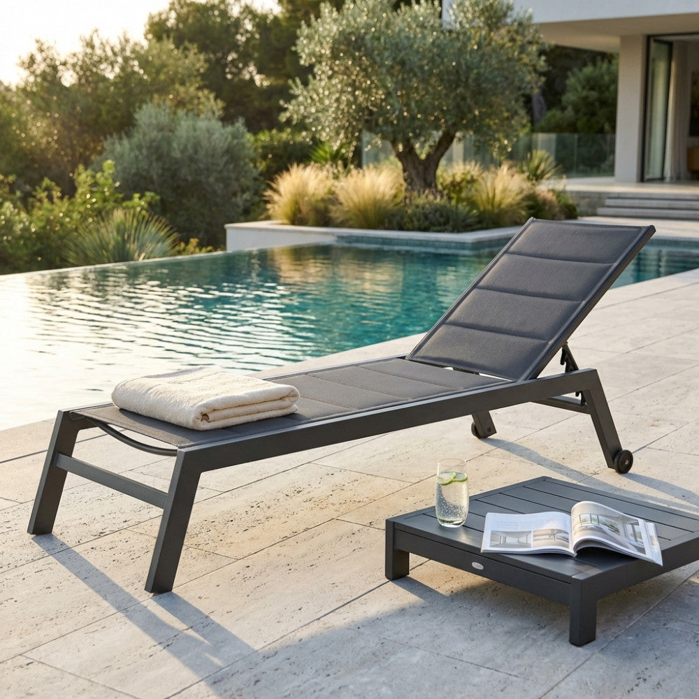 FORMENTERA LOUNGER. Aluminum frame painted WHITE, DOVE GREY, TAUPE, or ANTHRACITE. Padded Textilene in TAUPE, BLACK on anthracite. Dimensions: 198 x 61 x 34/95 cm. Garden Furniture