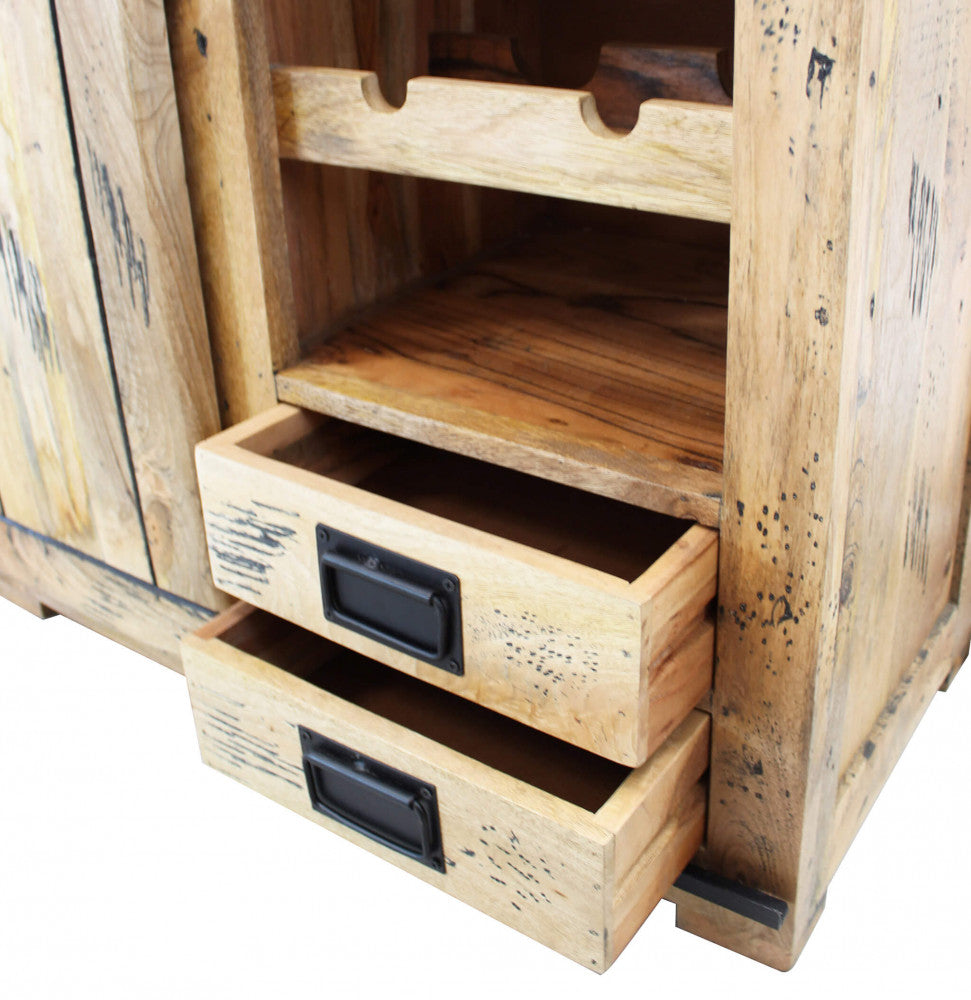 WINE CELLAR. Mango wood wine cellar with 1 sliding door, 2 shelves, 2 drawers and bottle holder. Dimensions: 90 x 45 x 100 cm.