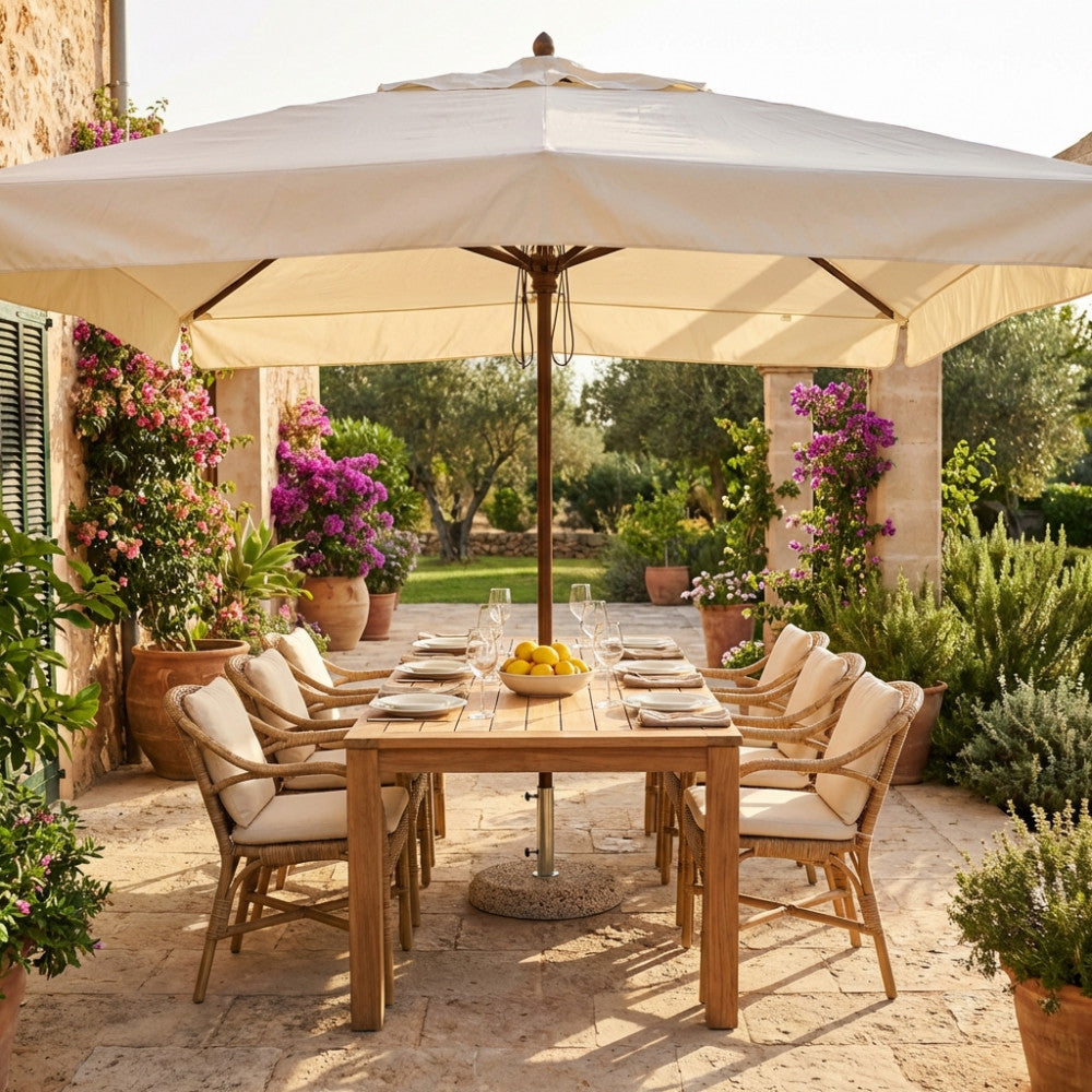OMBRELLONE VENERE DE LUXE P/C 3 X 4. Telo in poliestere BEIGE 270 gr palo in legno ò 48 mm x 260 cm 8 stecche 20 x 35 mm intercambiabili Dimensioni: m 3 x 4. Arredo Giardino