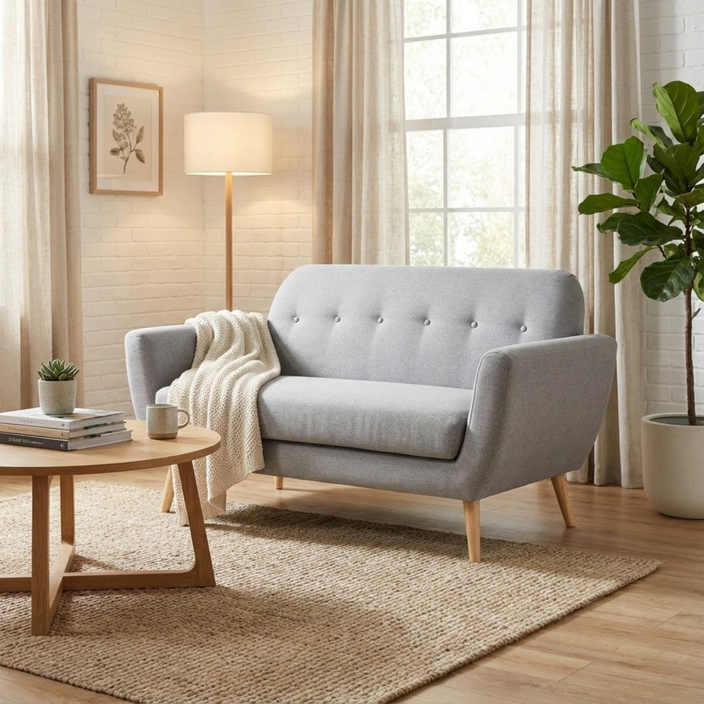 BURTON 3-SEATER SOFA. LIGHT GREY, DARK GREY, or BLUE sofa with buttons and polypropylene legs. Dimensions: 193 x 79 x 86 cm.