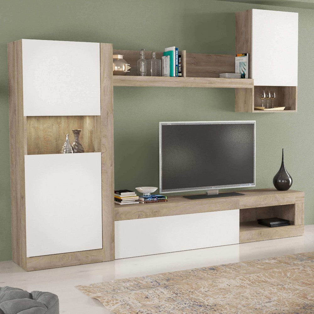 ROOMY LIVING ROOM WALL WHITE AND LIGHT OAK. White and LIGHT OAK wooden wall Dimensions: 255 x 40 x 200 h cm.