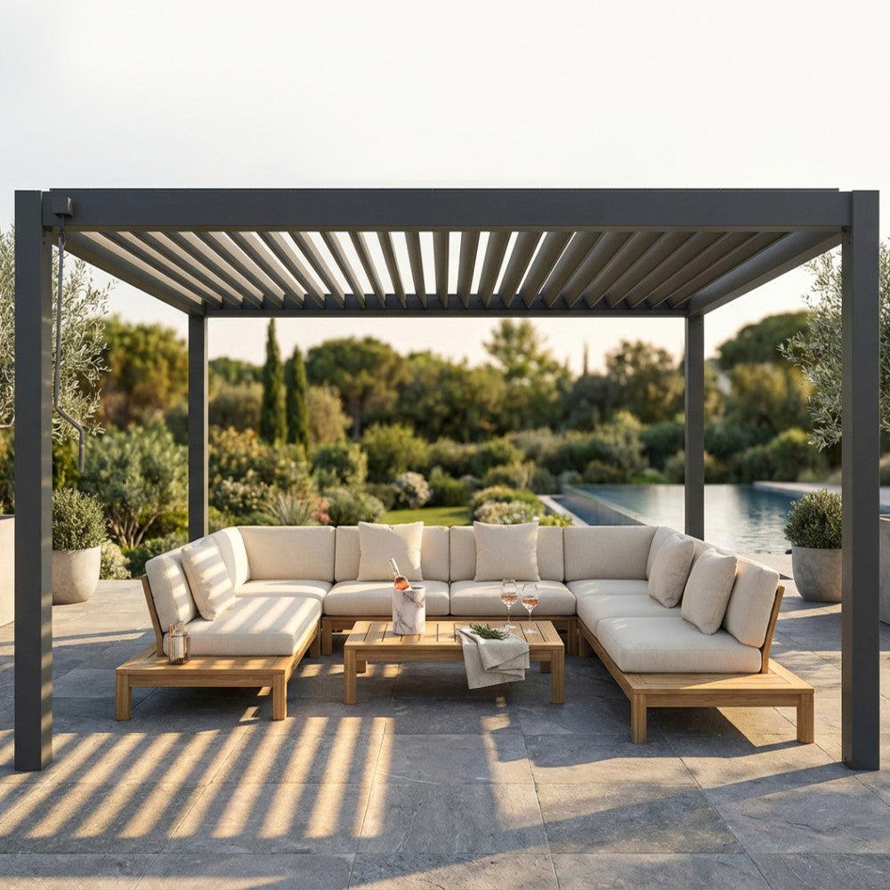 PERGOLA BIOCLIMATICA 3 X 4 CON DOPPIA LAMELLA. Struttura in alluminio bianco o grigio scuro copertura a lamelle frangisole orientabili a movimentazione manuale resistente a tutte le intemperie Dimensioni: m 3 x 4 x 2,4 h. Arredo Giardino