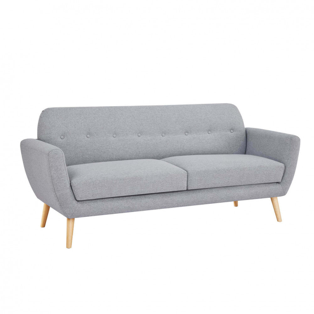 BURTON 3-SEATER SOFA. LIGHT GREY, DARK GREY, or BLUE sofa with buttons and polypropylene legs. Dimensions: 193 x 79 x 86 cm.