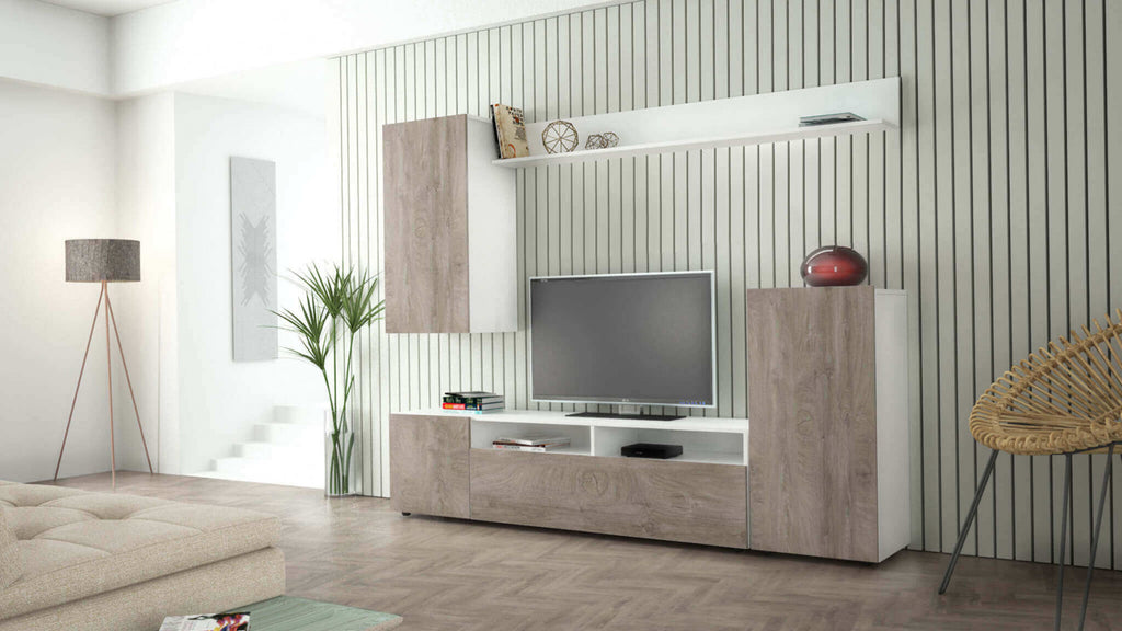 PARETE SOGGIORNO BRIDGE BIANCO E ROVERE CHIARO. Parete in legno BIANCO e ROVERE CHIARO Dimensioni: cm 207 x 34 x 170 h.