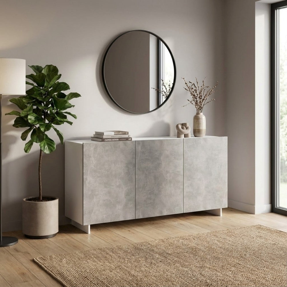 CARLILE WHITE AND GREY CONCRETE-EFFECT SIDEBOARD. WHITE and GREY CONCRETE-EFFECT wooden sideboard. Dimensions: 150 x 40 x 76 cm h.